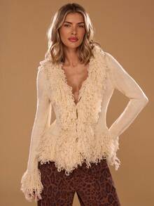 SHEIN BAE Áo khoác cardigan tua rua tay loe màu trơn dành cho nữ - Màu be - Xem 5