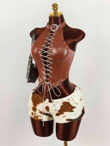 Y2K Amplova Women's Sexy Criss-Cross Backless Halter Neck Top, Summer Rodeo Cowgirl Brown 2 Piece Set - Brown - View 11