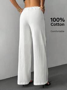 SHEIN PETITE 100%纯棉透气舒适女阔腿西装裤休闲风白色阔腿裤女白色亚麻裤女夏季女裤白色裤子白色裤子阔腿女夏季裤子女白色正装裤 - 白色 - 查看 2