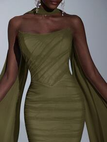 Elitara Elegant Luxurious Light Blue Elastic Mesh Boat Neck Full Ruffle Sequin Bridesmaid Dress - Army Green - View 6