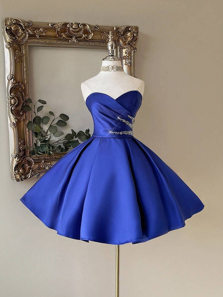blue formal dress short Lovelzi Elegant Queen Navy Rhinestone A-Line Strapless Tube Dress,Lace Up Back Wedding Guest Prom Night Party Suitable For Vacations,Prom Winter SIMPLE BRIDESMAIDS DRESSES