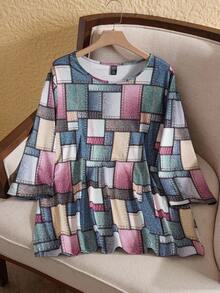 EMERY ROSE 大码拼色圆领休闲长袖 T 恤 - 彩色 - 查看 1