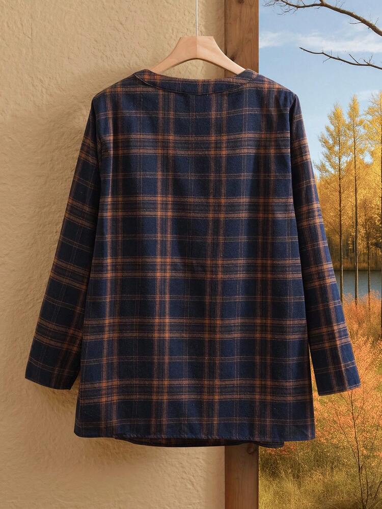 Plus Size Women's Plaid Printed Simple Daily Long Sleeve Shirt,Spring/Summer/Vacation