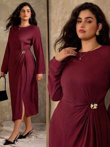 Roveilla Đầm maxi xẻ tà cổ tròn màu trơn thanh lịch tối giản cỡ lớn dành cho nữ, có chi tiết trang trí bằng kim loại, phù hợp mặc nơi công sở, thường ngày, đi nghỉ, tiệc tùng, xuân/hè - Màu Tím - Xem 9