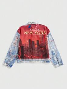 ROMWE MEN Street Life Men's Autumn Letter & Architecture Pattern Long Sleeve Single-Breasted Casual Denim Jacket - Multicolor - View 1