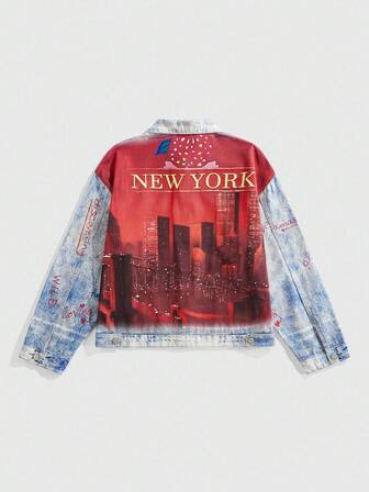 Street Life Giacca di jeans casual monopetto a maniche lunghe con stampa di lettere e architettura, da uomo, per l'autunno