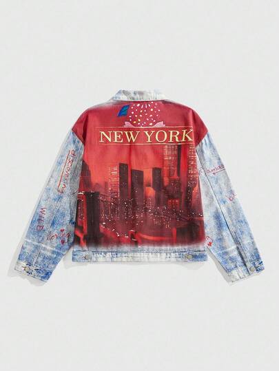 Street Life Veste en jean décontractée à simple boutonnage, à manches longues, avec motif de lettre et d'architecture, pour hommes en automne