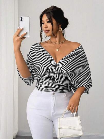 Elenzga Blusa elegante de talla grande con rayas azules, sin mangas y cintura ceñida