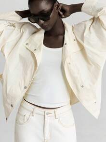 Ontre 都市时尚风格女式夹克，白色，立领，长袖，轻薄面料，初秋装，户外装，休闲装，宽松版型，真口袋，日常穿着 - 白色 - 查看 7