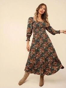 Coeurva Floral Print Square Neck Flounce Sleeve Ruffle Hem Dress - Green - View 3