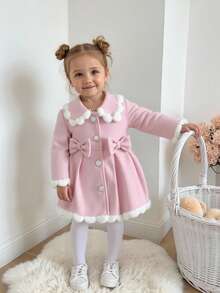 SHEIN Baby Girls' Fluffy Collar Bow Design Jacket, Autumn & Winter - Pink - View 1