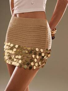 SHEIN BAE 女士亮片镂空奢华针织裙，休闲，裙子，海滩，度假，万圣节，乡村音乐会，度假，西部 - 駝色 - 查看 7