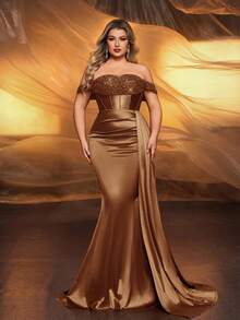 Glamrae 加大码优雅奢华酒红色露肩袖亮片拼接弹力缎面褶皱侧开衩鱼尾连衣裙，适合婚礼、派对、节日、庆典、晚会 - 棕色 - 查看 1