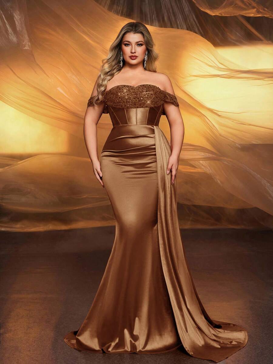 Glamrae 加大码优雅奢华酒红色露肩袖亮片拼接弹力缎面褶皱侧开衩鱼尾连衣裙，适合婚礼、派对、节日、庆典、晚会 - 棕色 - 查看 1