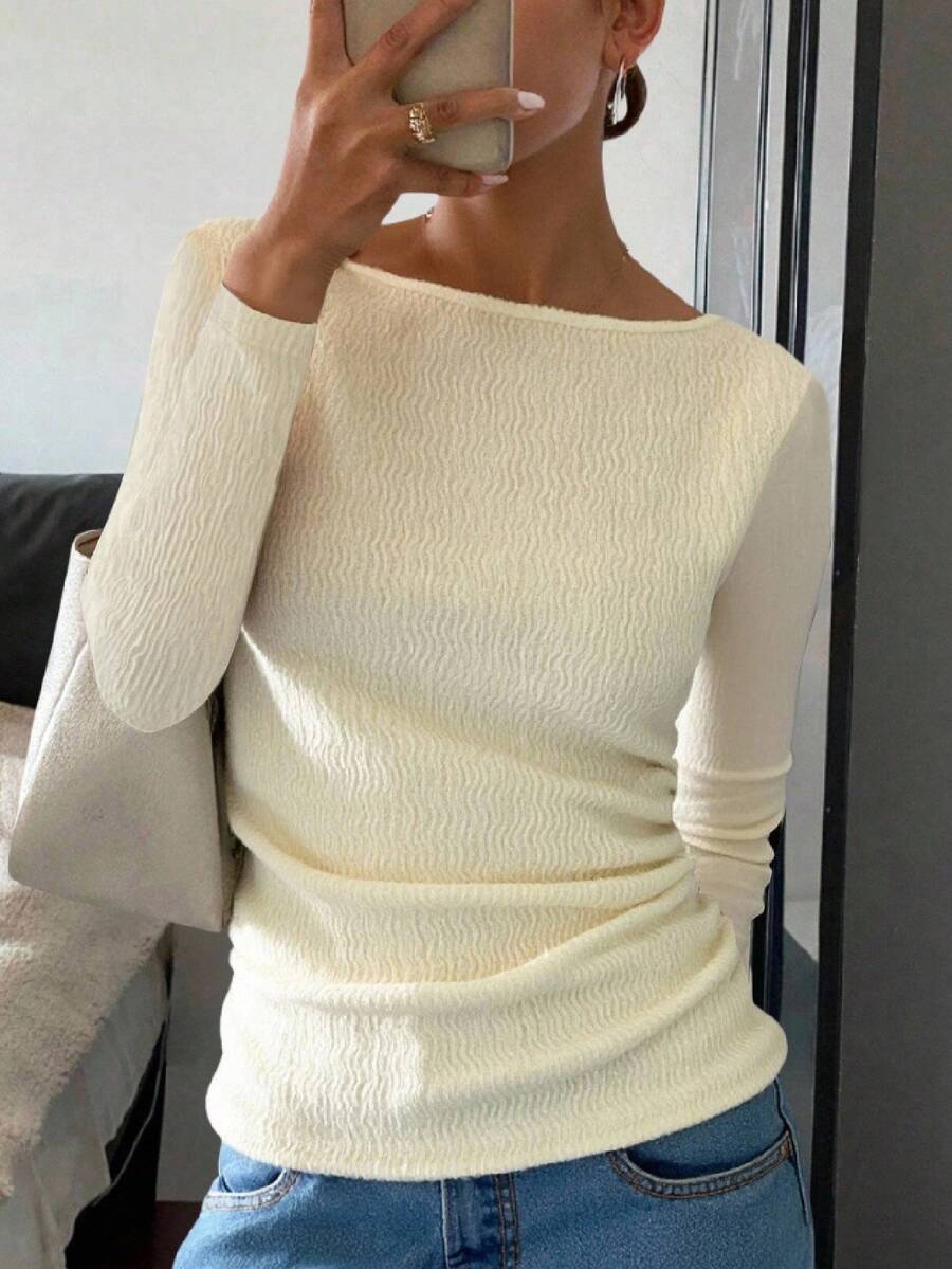 INAWLY Áo cánh dài tay hở vai thời trang mới, ôm sát, cỡ lớn dành cho nữ - Màu be - Xem 1