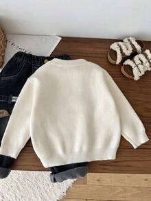 SHEIN 男童加厚羊毛套头衫，可爱动物刺绣图案，百搭高弹，适合居家户外，秋冬 - 杏色 - 查看 3