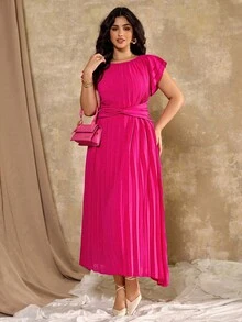 Roveilla Plus Size Women Pleated Dress With Ruffle Sleeves, Short Sleeve, Waist Tie, Chiffon Dress, Suitable For Dates, Commuting, Valentine's Day Fuchsia Dress Pink Dress Pleated Dresses For Women Pink Pleated Dress