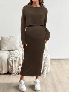 SHEIN Bộ đồ bà bầu 2 món gồm áo thun dài tay cổ tròn màu trơn và chân váy Bộ đồ bà bầu 2 món dệt kim 2 món màu nâu Bộ đồ 2 món váy cho nữ Bộ đồ 2 món có gân cho nữ - Cà phê nâu - Xem 3
