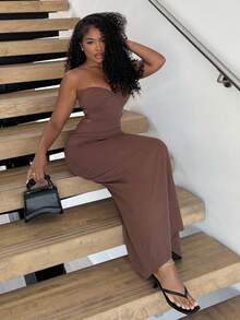 Alexandranx Vestido de verano con tirantes finos, con nudo delantero y espalda descubierta, de unicolor y minimalista para mujer - Marrón - Ver 1