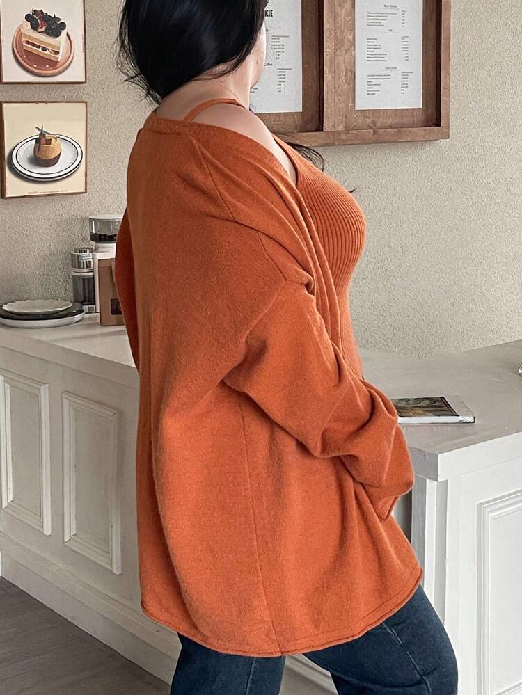 Dazy Plus 2pcs Plus Size Women Loose Solid V-Neck Cardigan Sweater Set, Casual Autumn/Winter