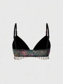 ROMWE Bộ bikini 2 mảnh họa tiết Paisley in hình lễ hội âm nhạc phương Tây phong cách Hippie cổ điển dành cho nữ, viền tua rua đính cườm và khăn sarong buộc dây - Nhiều màu - Xem 7