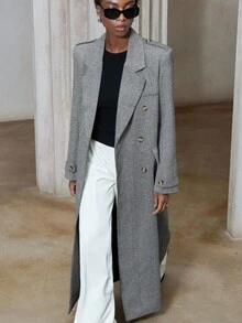 Aveloria Modichic 女式人字纹长款开衫外套，常规版型，秋冬 - 灰色 - 查看 1