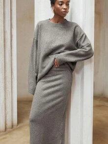 Aveloria Modichic 2pcs/Set Autumn/Winter Slouchy Long Sleeve Crew Neck Sweater & Bodycon Skirt Set - Camel - View 4