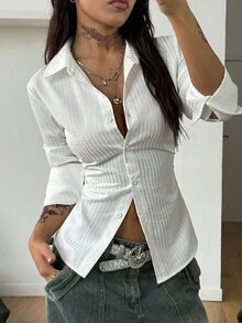 Coolane 女式白色梭织长袖单排扣休闲衬衫 - 白色 - 查看 2