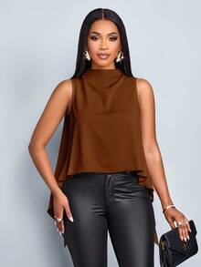 SOLERSUN Áo cánh không tay màu trơn thanh lịch, viền lệch, thời trang xuân hè cho nữ - Cà phê nâu - Xem 6