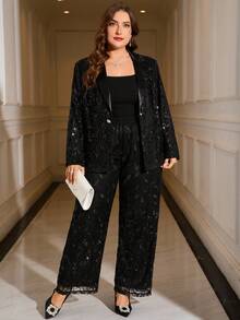 Gownix Plus Size Women's Suit Set,Black,Summer,Elegant,Formal,Evening,Silver Sequins,With Pockets,Long Pants Suit,Autumn/Winter - Black - View 6