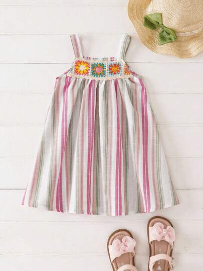 Joliand Joliand 1pc Baby Girls Elegant City Cute Colorful Stripe Ruffle Cami Dress, Suitable For Casual Daily, Travel, Wedding, Party, Summer