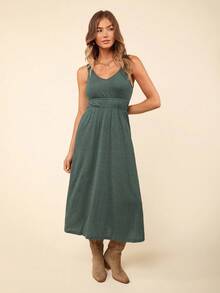 Coeurva Váy ôm sát lưng không tay màu trơn đi nghỉ mát dành cho nữ, váy mùa hè, đi biển - màu xanh lá - Xem 2