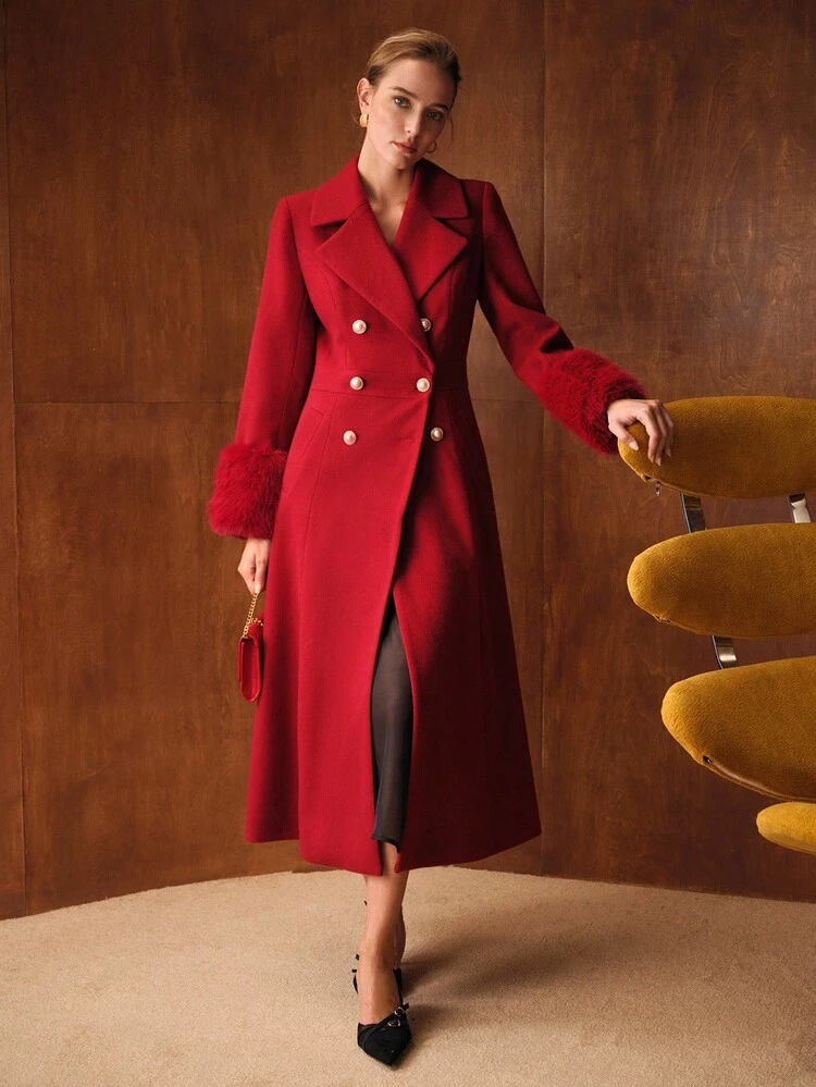 DOUBLE BREASTED CONTRAST FAUX FUR OVERCOAT