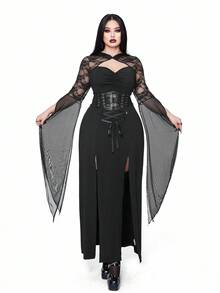 SHEIN Whyspr 休閒龐克大尺碼深色哥德風蕾絲拼接透視長袖洋裝 秋季 - 黑色 - 查看 7