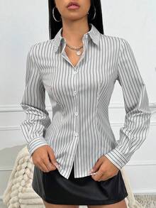 Almamuse Petite 女式长袖条纹领扣衬衫、女式衬衫、长袖上衣 - 彩色 - 查看 6