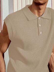 SWAVVY Áo ba lỗ tay ngắn dáng rộng thoải mái dệt kim cho nam, dành cho mùa thu đông - Màu be - Xem 4