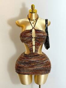 Mistrie Women's Brown Striped Boho Faux Knit Mini Dress,Halter Neck Tie Detail Front Cut-Out Beaded Summer Vacation Dress For Music Festivals Halloween - Brown - View 6