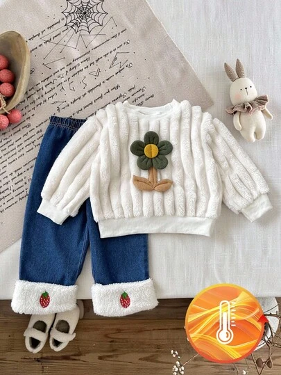 SHEIN Baby Girl Winter Fashion 3D Flower Decor Sweatshirt And Pants Set Baby Girl Winter Outfit Fall