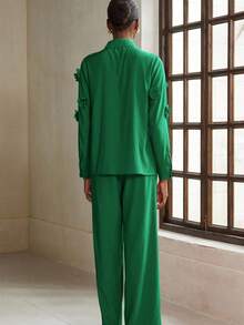 Aveloria Modichic 2 件女士优雅花卉装饰短款夹克和阔腿裤套装，高端外观优雅商务休闲女装 - 綠色 - 查看 6