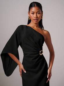 女士优雅金属扣不对称连衣裙 - 黑色 - 查看 8