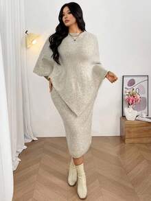 Firerie 2pcs/Set Plus Size Women Beige Poncho Style Sweater & V-Neck Straight Knit Dress, Elegant Everyday Batwing Sleeve Modest Oversized Cape Fall/Winter - Khaki - View 6