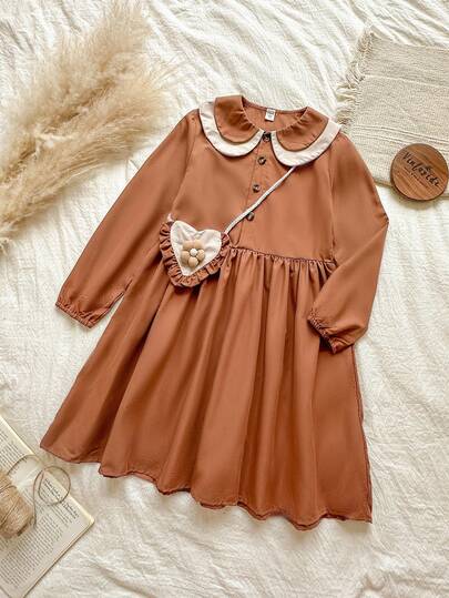 Vintaside Kids Tween Girls School Style Peter Pan Collar Long Sleeve Dress And Matching Tote Bag 2 Pieces Outfit, Suitable For Casual, School, Park, Vacation, Spring And Autumn Seasons Fall Winter