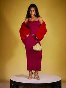 女式纯色加长褶皱修身优雅细肩带连衣裙 - 酒紅色 - 查看 4