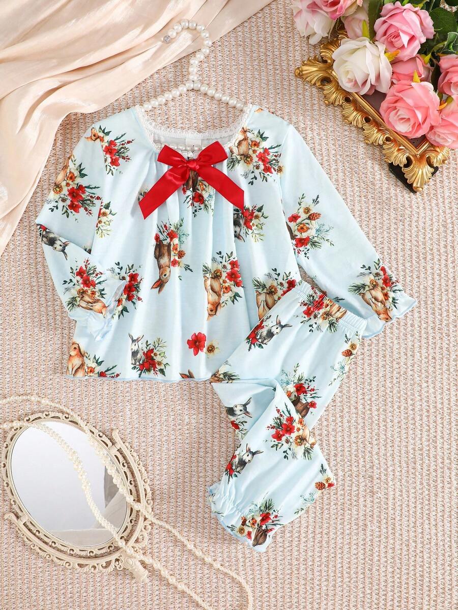 SHEIN 2pcs Baby Girls' Bow Lace Trim Rabbit Print Long Sleeve Top And Pants Pajama Set Fall Winter - Baby Blue - View 1