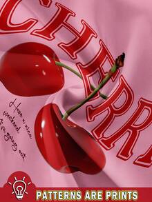 SHEIN EZwear Pink Cherry Pattern Cropped Casual Minimalist Round Neck Fitted Tank Top, Suitable For Summer