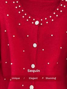 Franclia Elegant Loose Fit Round Neck Long Sleeve Knitted Pearl Beaded Design Pearl Button Front Cardigan For Women, Autumn/Winter Christmas
