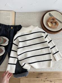 SHEIN LMoss Kids Young Boys' Autumn/Winter High Collar Striped Zip-Up Cardigan Sweater, Versatile For Home, School, Outings, Beige & Black Fall