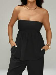 SHEIN PETITE 女士时尚纯色抹胸上衣和裤子两件套 - 黑色 - 查看 7