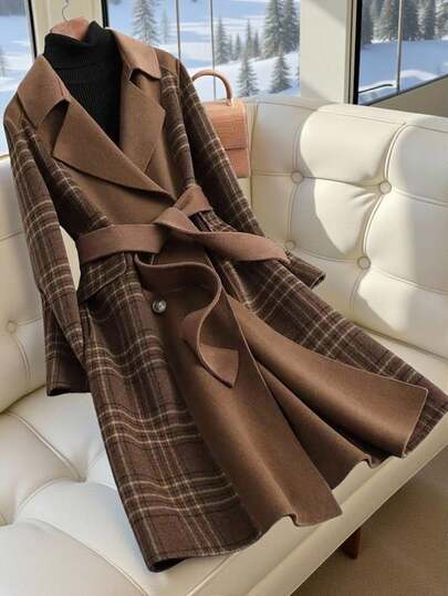 GlowEve 女式秋季拼色翻领羊毛大衣，随机花卉图案