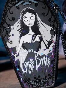 Corpse Bride X SHEIN 1 buc. portofel din piele PU în formă de sicriu, cu decor grafic cu paiete, cu mâner cu lanț, potrivit pentru depozitarea monedelor, cheilor, obiectelor personale, potrivit pentru femei, stil gotic, dragoste, epoca victoriană, cadou